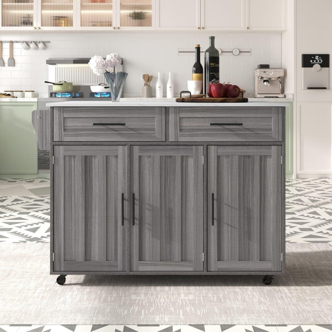 Desserte de cuisine en bois, gris, roulettes et rangement pratique