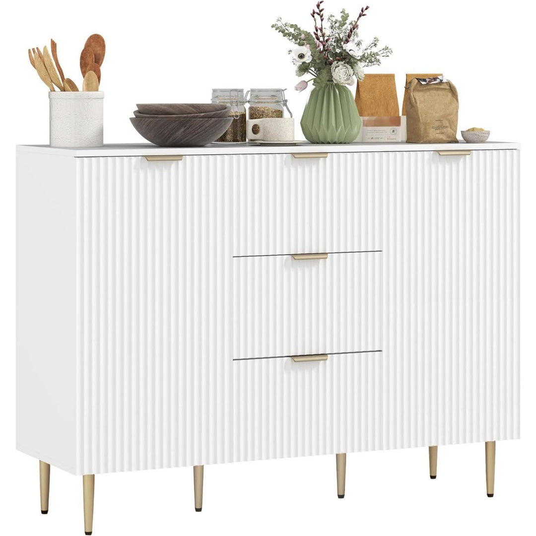 Enfilade gris clair 3 etageres, design moderne metal pour salon