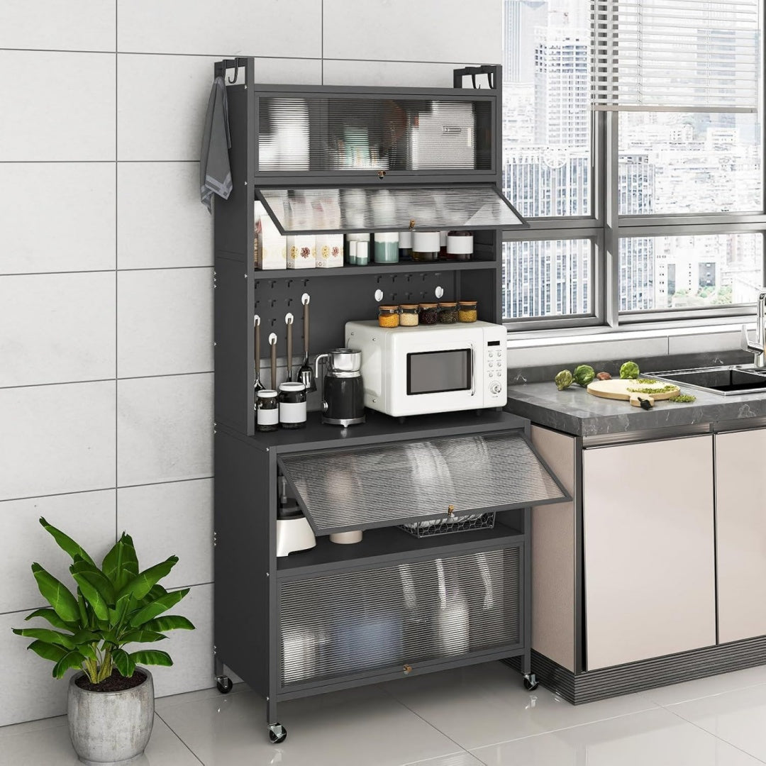 Meuble de rangement a portes vitrees gris contemporain
