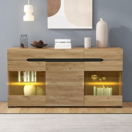 Commode marron a 3 portes 3 tiroirs avec eclairage LED