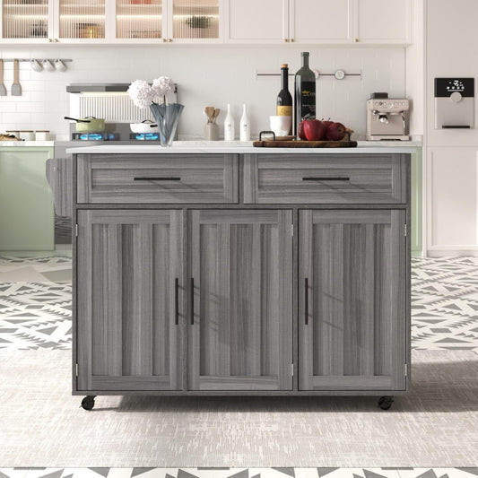 Desserte de cuisine en bois, gris, roulettes et rangement pratique