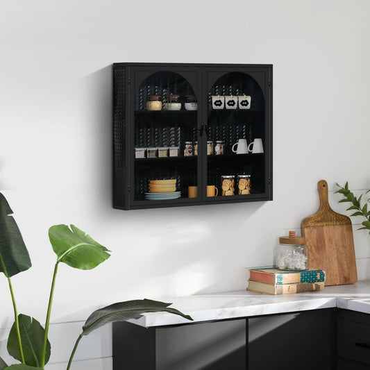 Vitrine en verre trempe gris clair, deux portes, etageres modulables