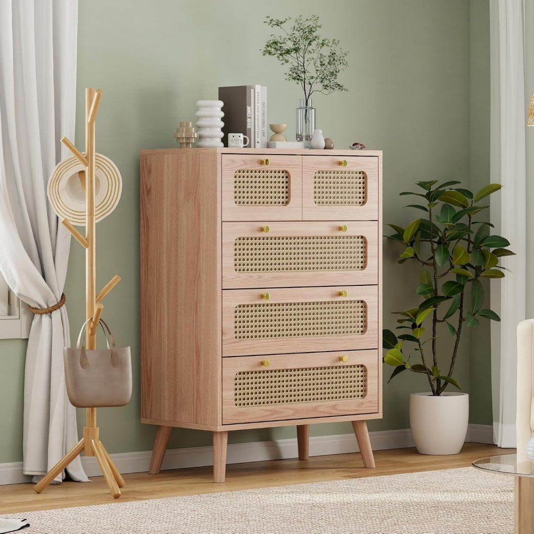 34 x 91 x 60 cm commode creme portes en rotin
