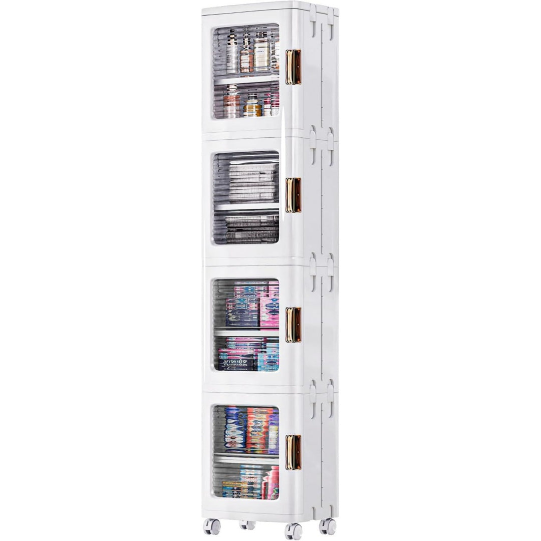 Meuble colonne gris clair, etageres reglables, polyvalent et elegant