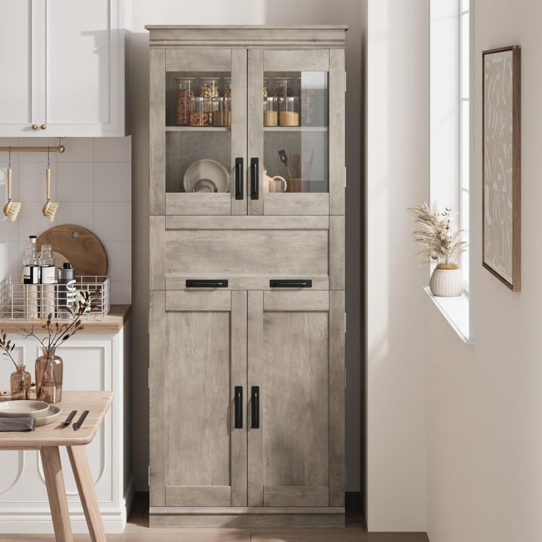 Meuble colonne de rangement teinte marron, en verre, capacite optimale